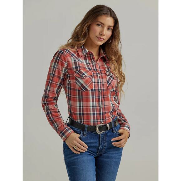 Women's Wrangler 112344676 Essential Western Red Orange Plaid Long Sleeve Shirt - Picture 9 of 9
